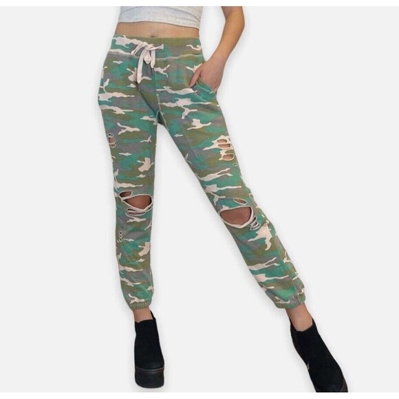 NSF Sayde Camo Joggers Distressed Sweatpants Green Women’s Size Small Cotton - Picture 1 of 14